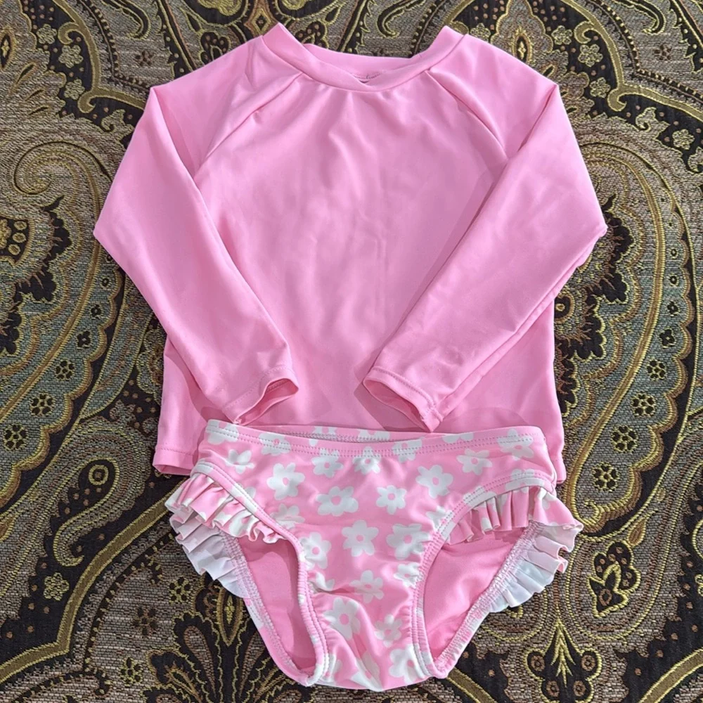 Old Navy Pink Floral 2 Piece Swim Set Rash Guard & Ruffle Bottom Baby 18-24 Mos